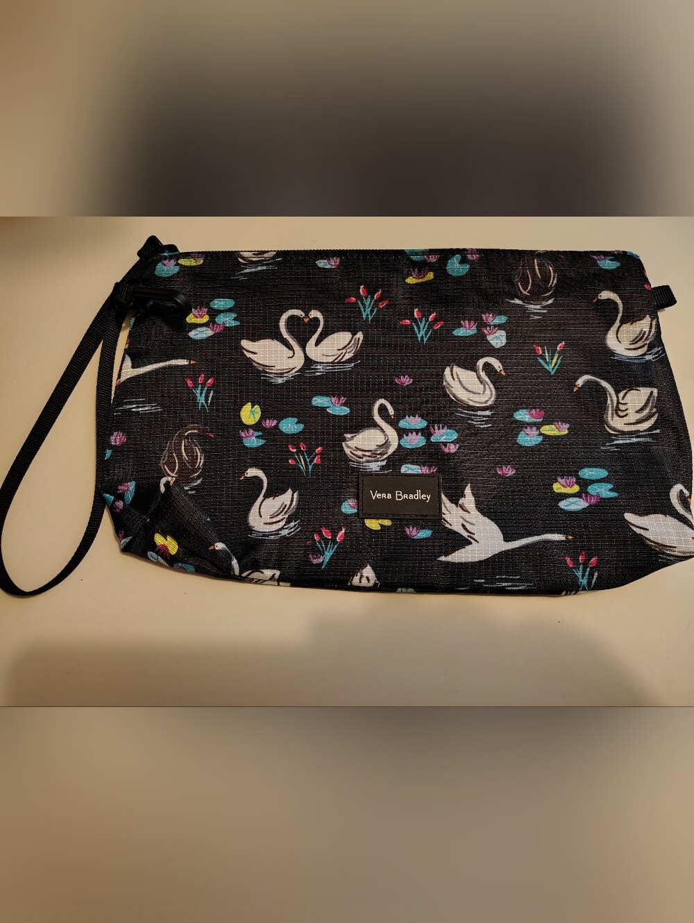 Vera Bradley Black Swan Print Wristlet with clip